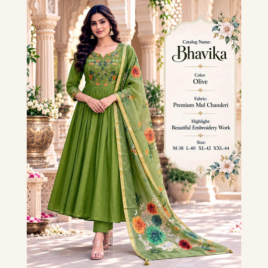 Bhavika Mul Chanderi Anarkali Suit Set - Olive