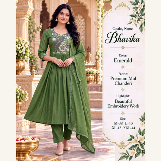Bhavika Mul Chanderi Anarkali Suit Set - Emerald