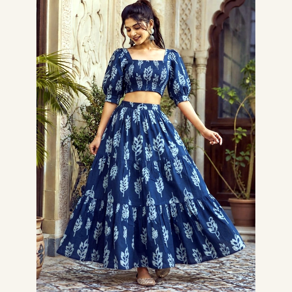 Bagru Handblock Cotton Crop Top Skirt Set - Navy Leaf Motif