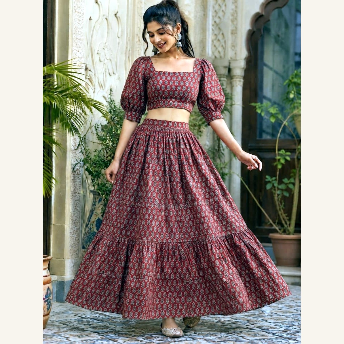 Bagru Handblock Cotton Crop Top Skirt Set - Rust Booti