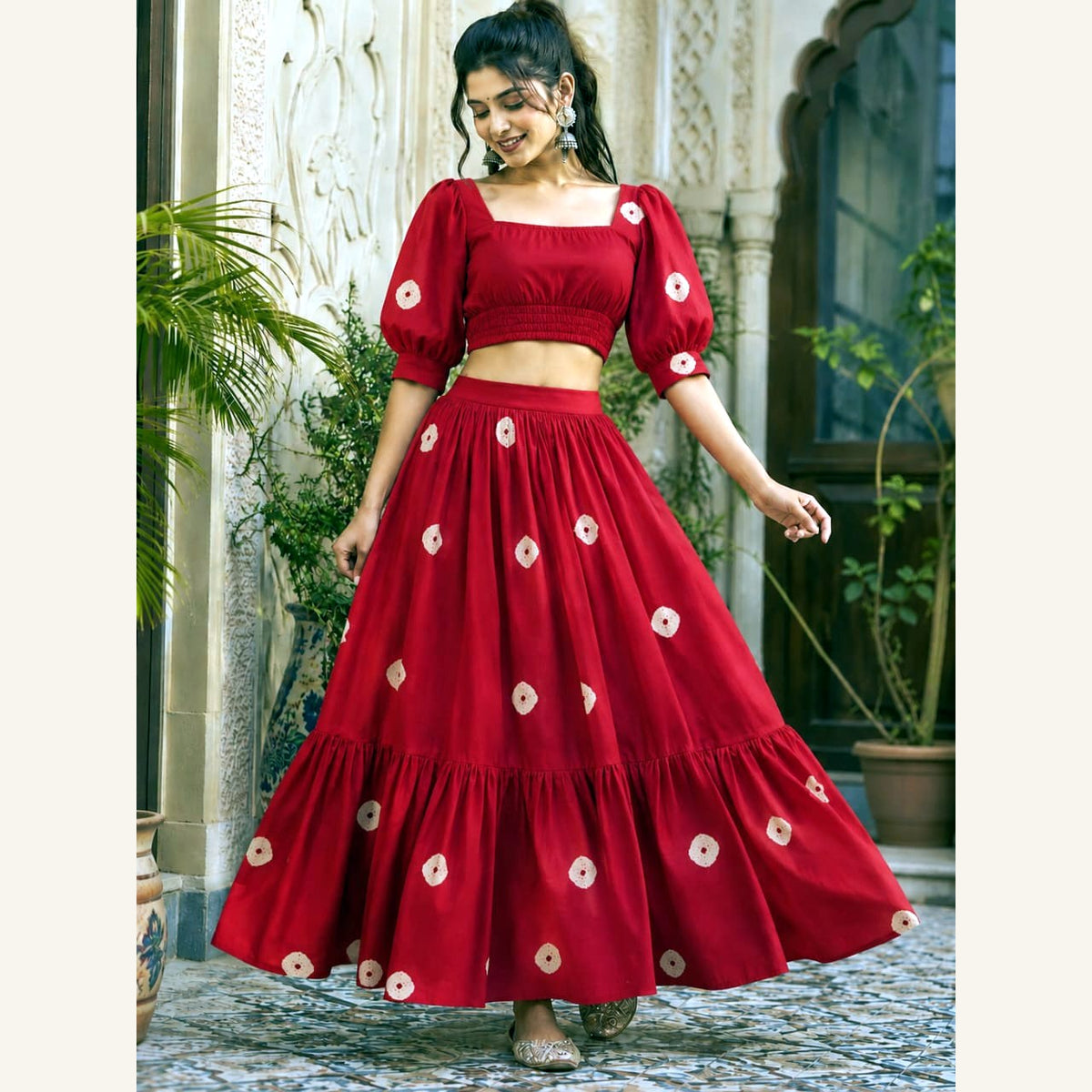 Bagru Handblock Cotton Crop Top Skirt Set - Red Bandhani Dot