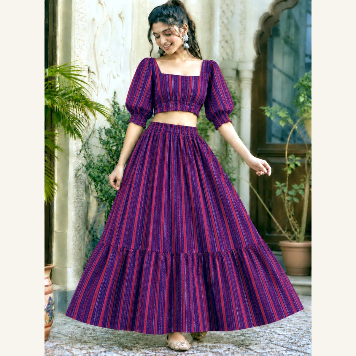 Bagru Handblock Cotton Crop Top Skirt Set - Magenta Stripe