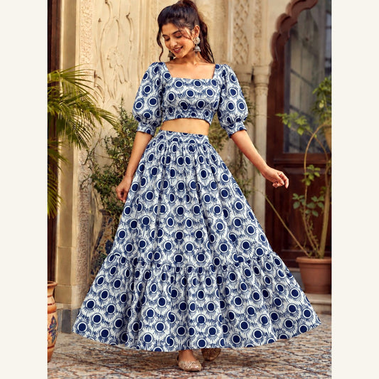 Bagru Handblock Cotton Crop Top Skirt Set - Blue White Circle