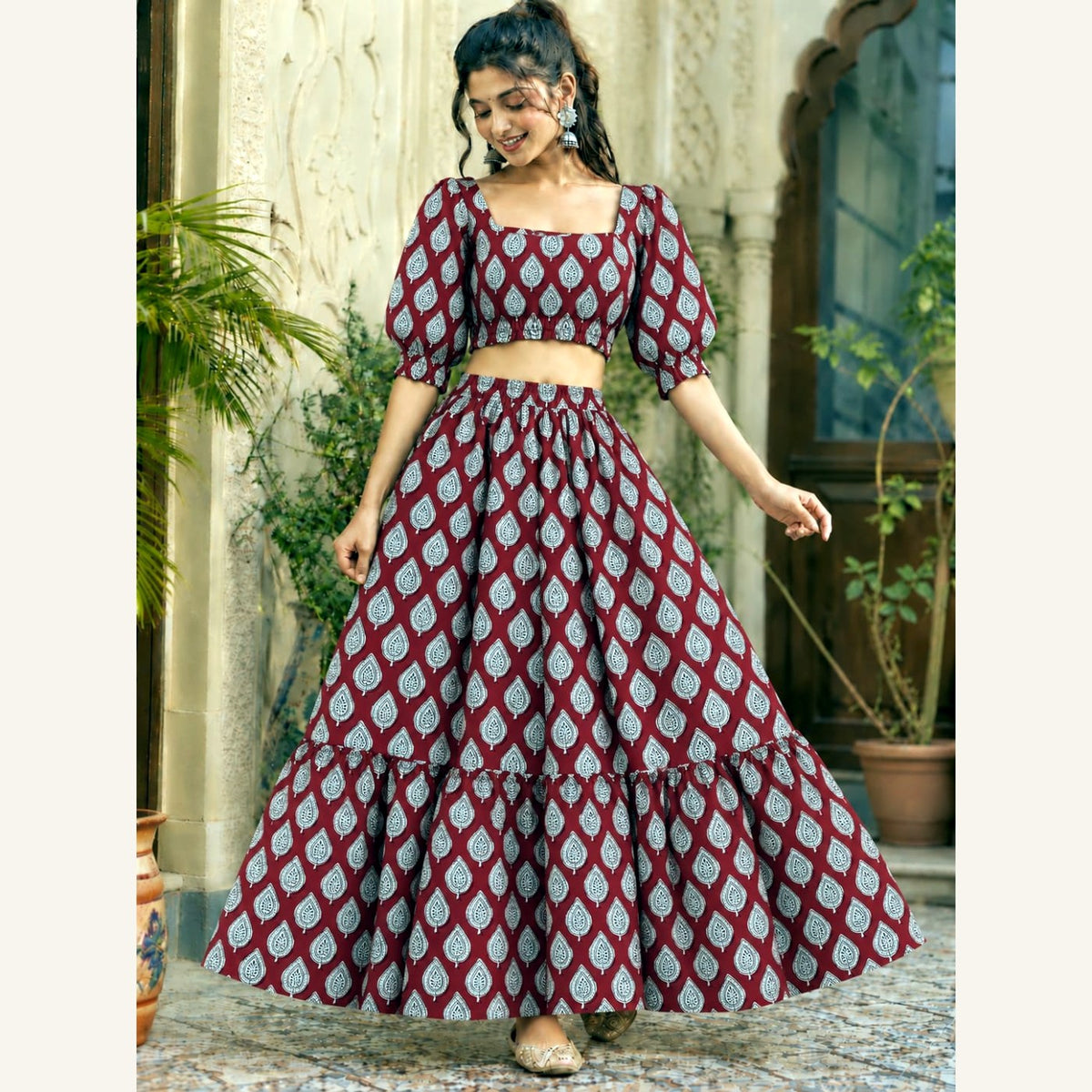 Bagru Handblock Cotton Crop Top Skirt Set - Maroon Leaf Diamond