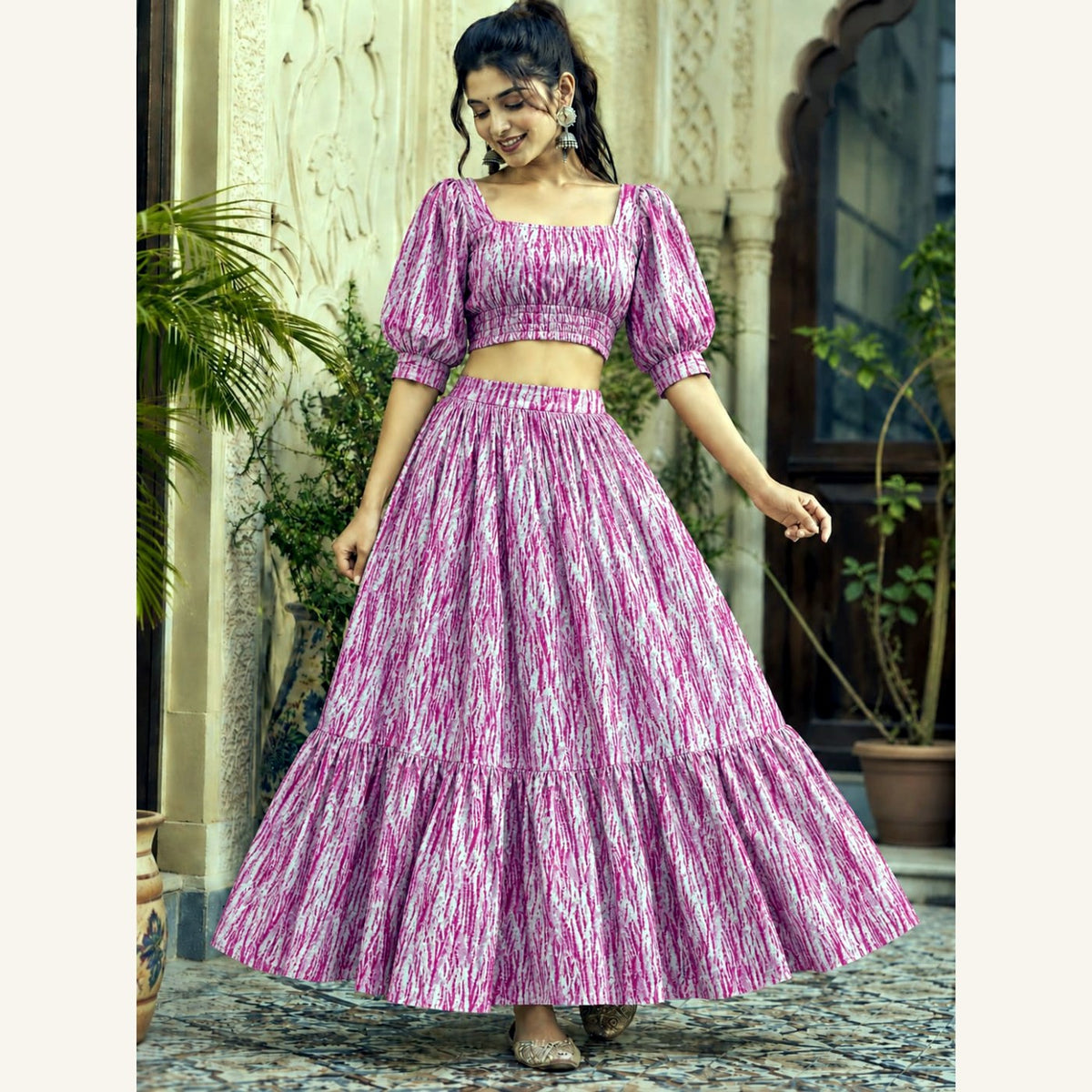 Bagru Handblock Cotton Crop Top Skirt Set - Pink Ikat