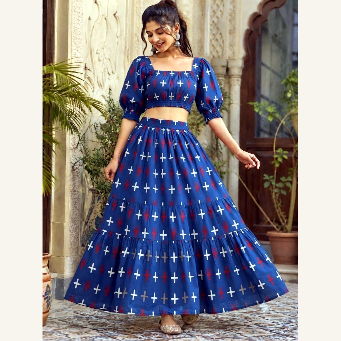 Bagru Handblock Cotton Crop Top Skirt Set - Navy Plus
