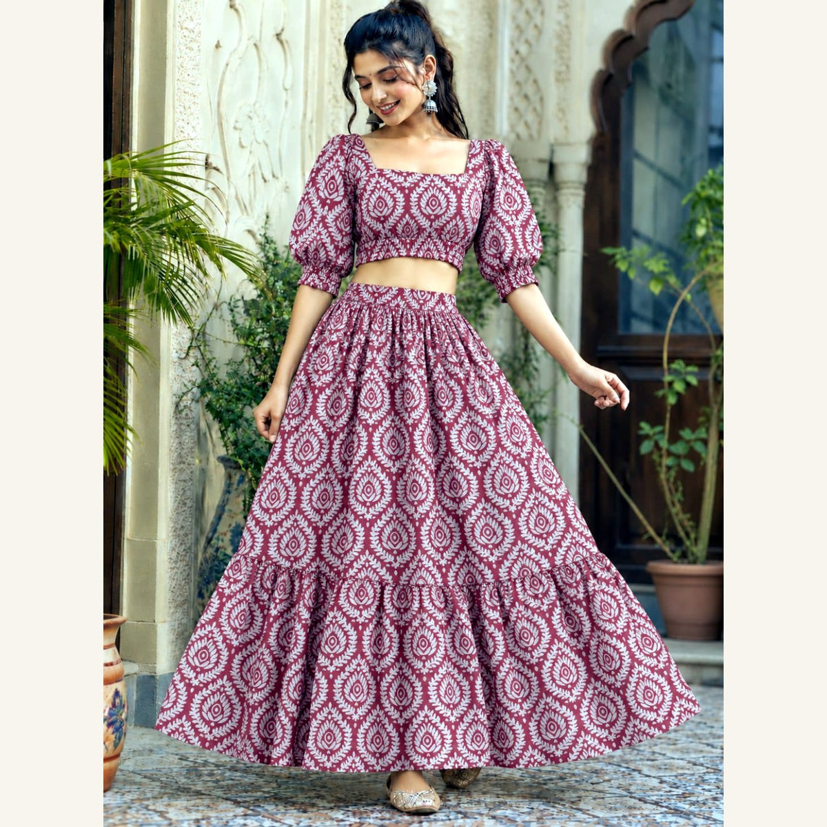 Bagru Handblock Cotton Crop Top Skirt Set - Rose Damask