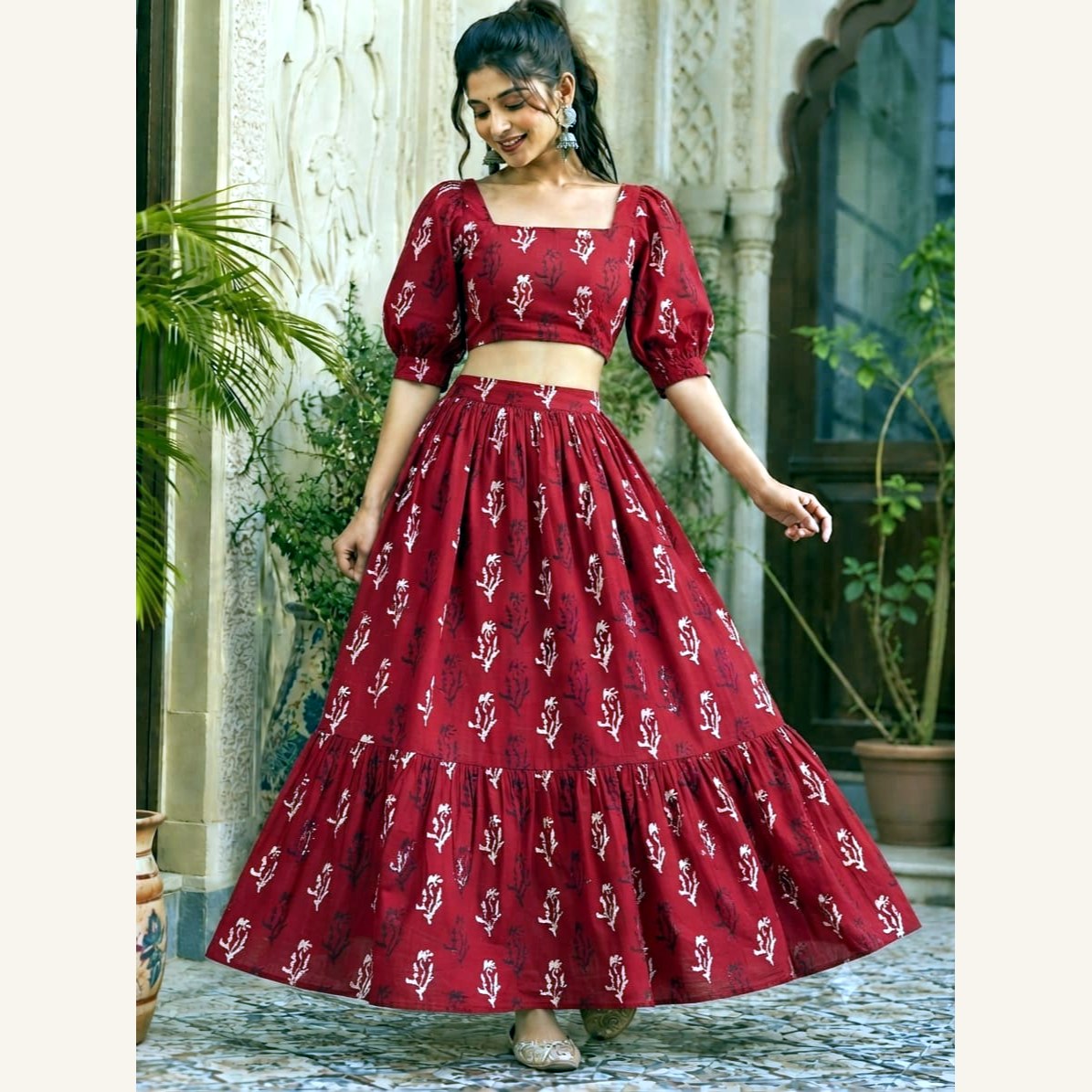 Bagru Handblock Cotton Crop Top Skirt Set - Red Booti