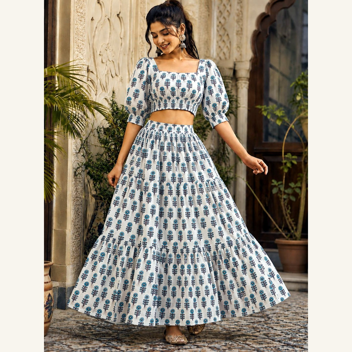 Bagru Handblock Cotton Crop Top Skirt Set - White Blue Booti