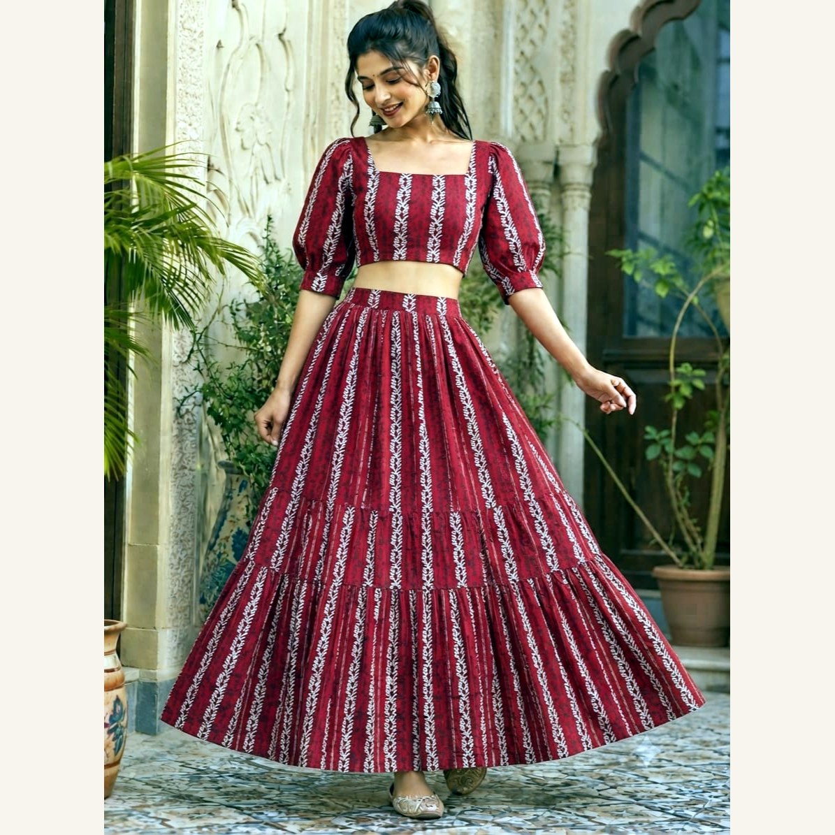 Bagru Handblock Cotton Crop Top Skirt Set - Maroon Stripe