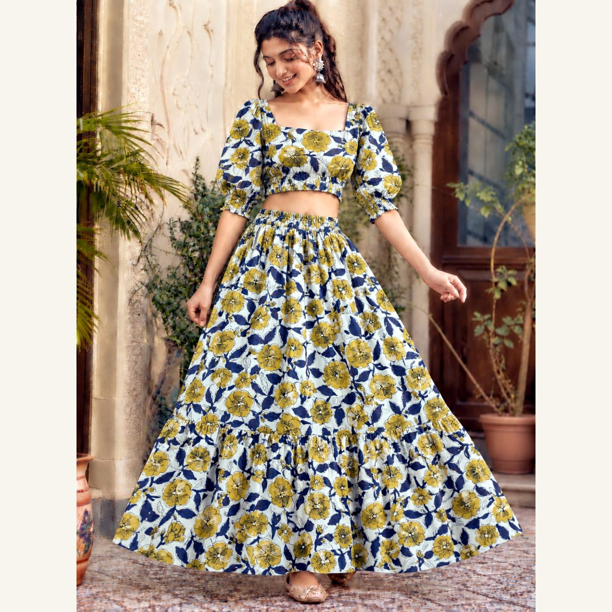 Bagru Handblock Cotton Crop Top Skirt Set - Yellow Floral