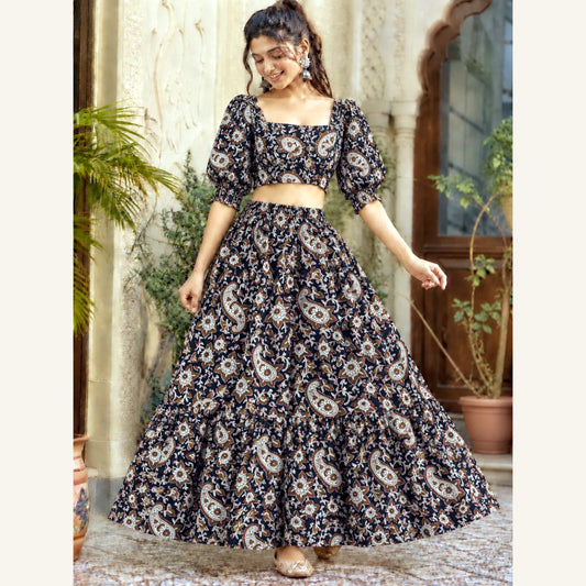 Bagru Handblock Cotton Crop Top Skirt Set - Brown Paisley