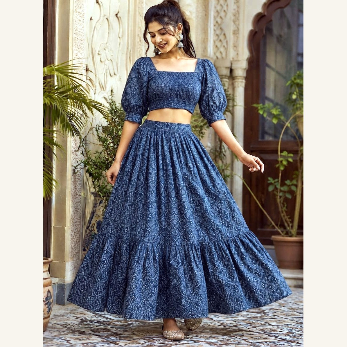 Bagru Handblock Cotton Crop Top Skirt Set - Steel Blue Print
