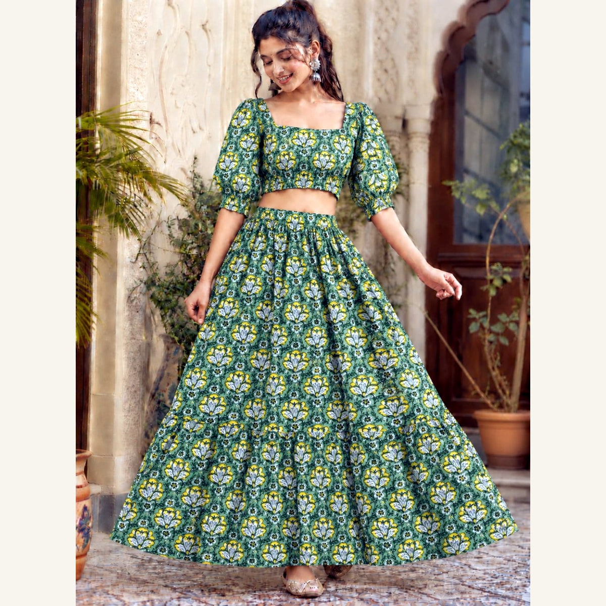 Bagru Handblock Cotton Crop Top Skirt Set - Green Floral