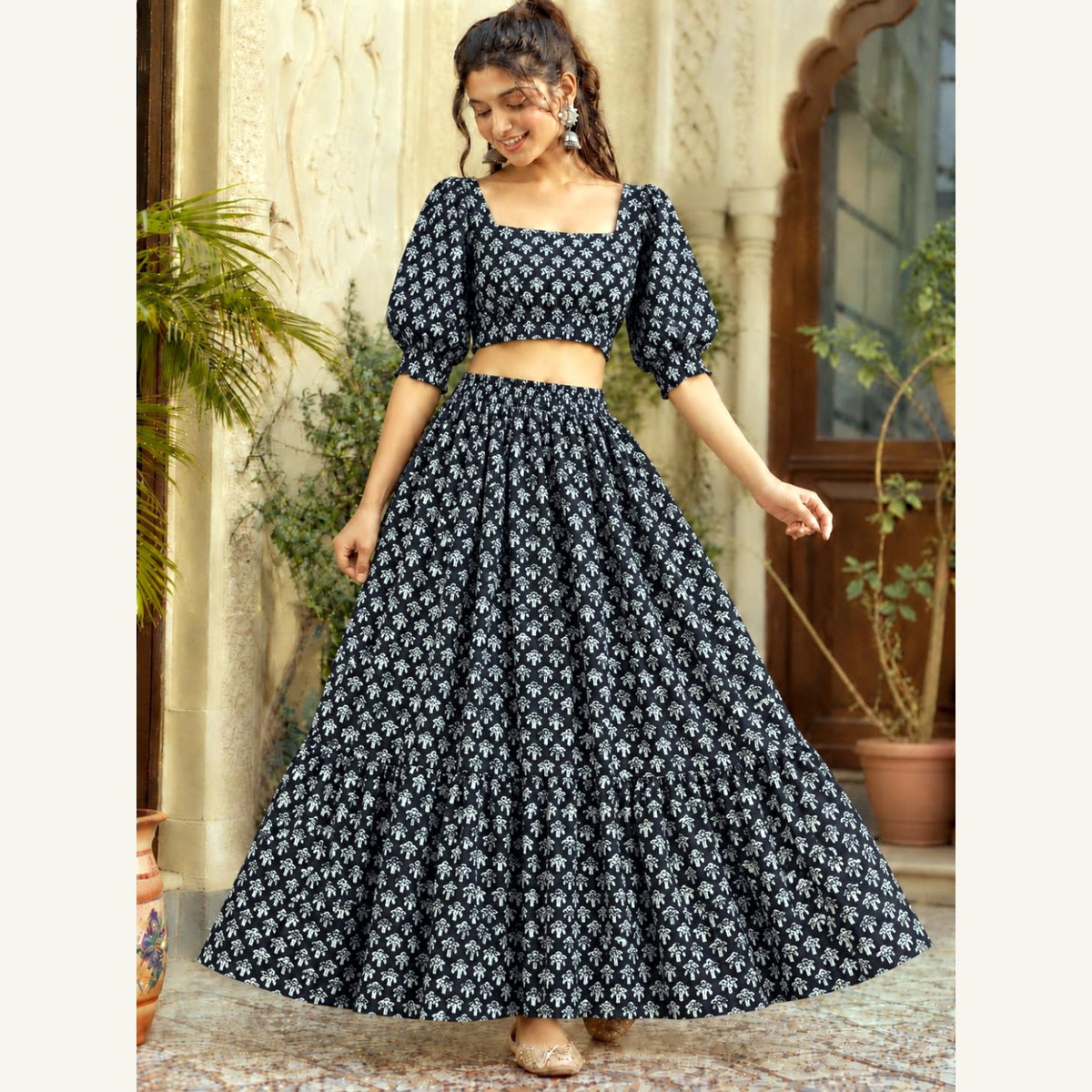 Bagru Handblock Cotton Crop Top Skirt Set - Black Booti