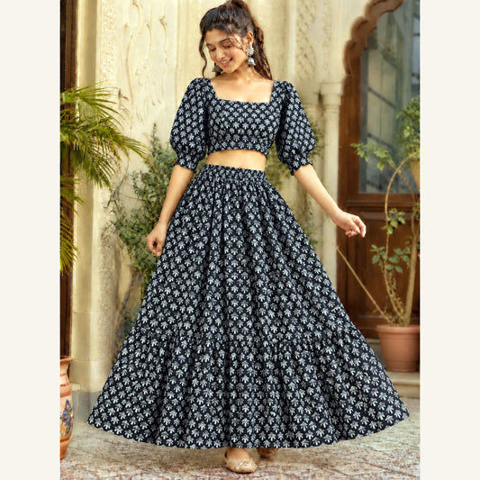 Bagru Handblock Cotton Crop Top Skirt Set - Black Booti