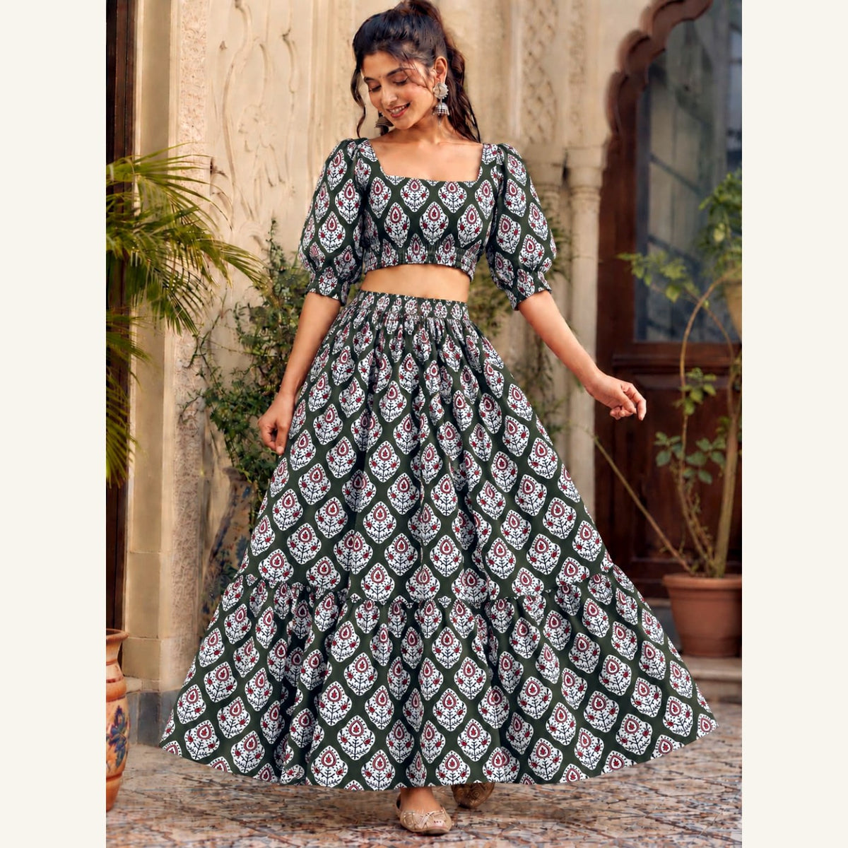 Bagru Handblock Cotton Crop Top Skirt Set - Green Diamond