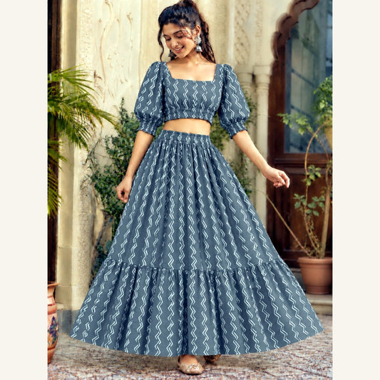 Bagru Handblock Cotton Crop Top Skirt Set - Grey Zigzag