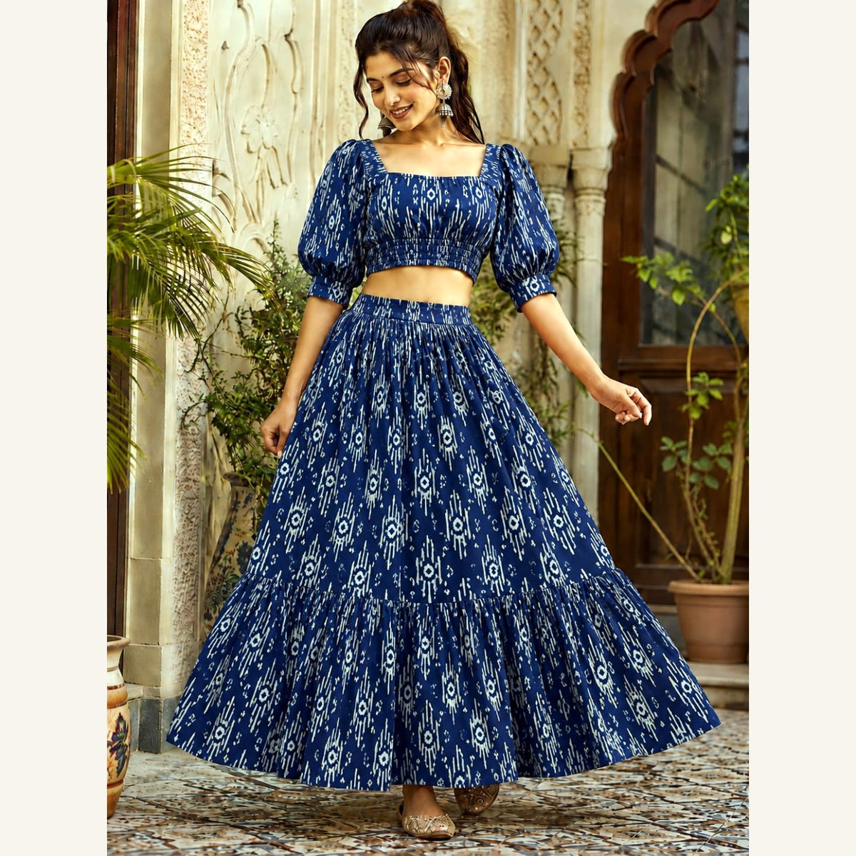 Bagru Handblock Cotton Crop Top Skirt Set - Indigo Ikat