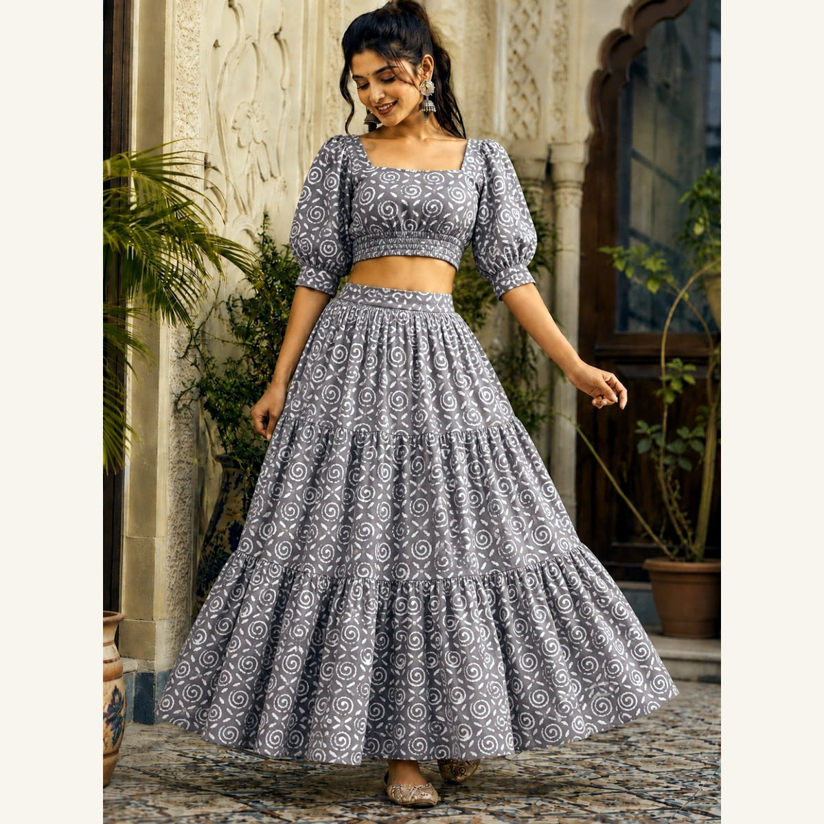 Bagru Handblock Cotton Crop Top Skirt Set - Grey Floral