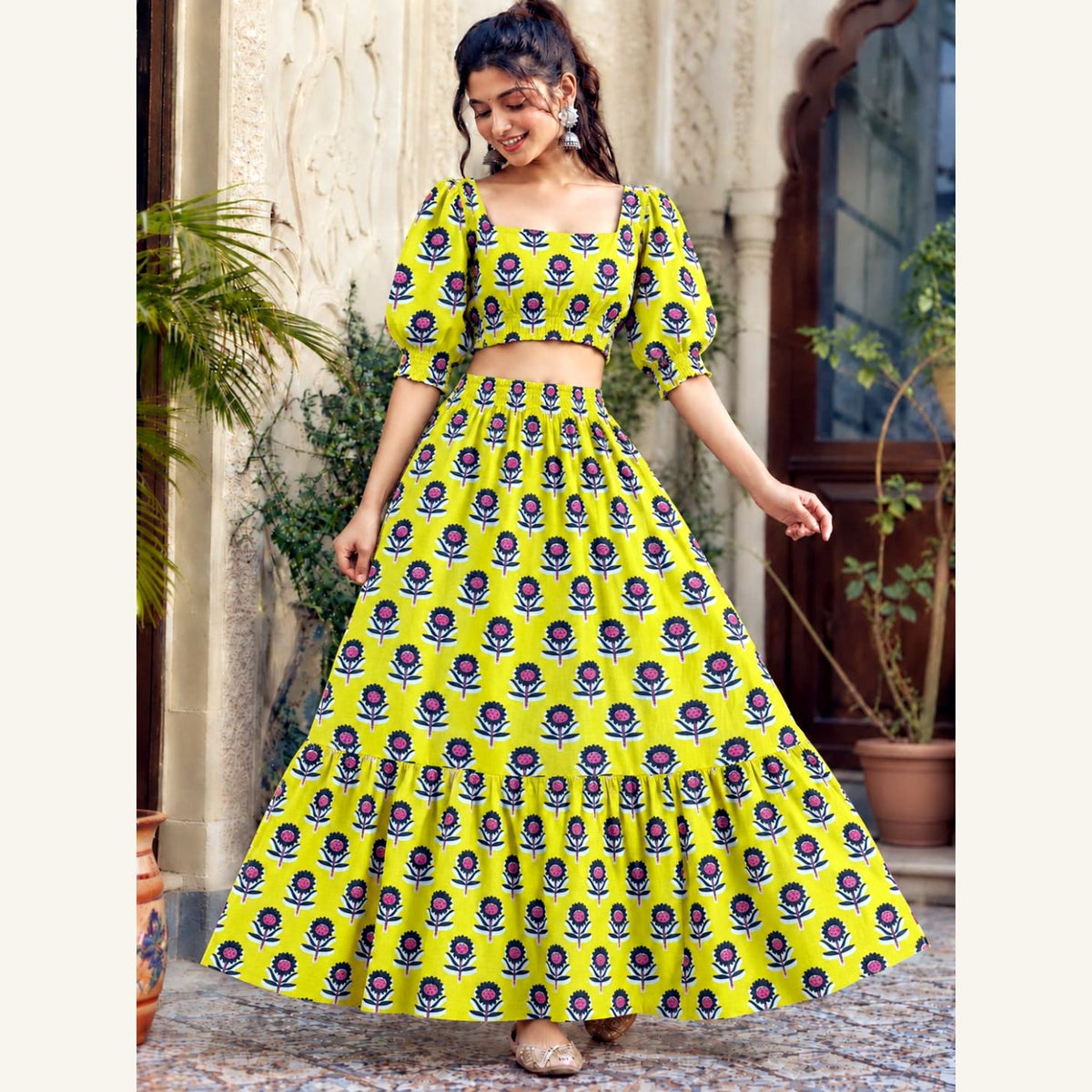 Bagru Handblock Cotton Crop Top Skirt Set - Lemon Yellow Booti