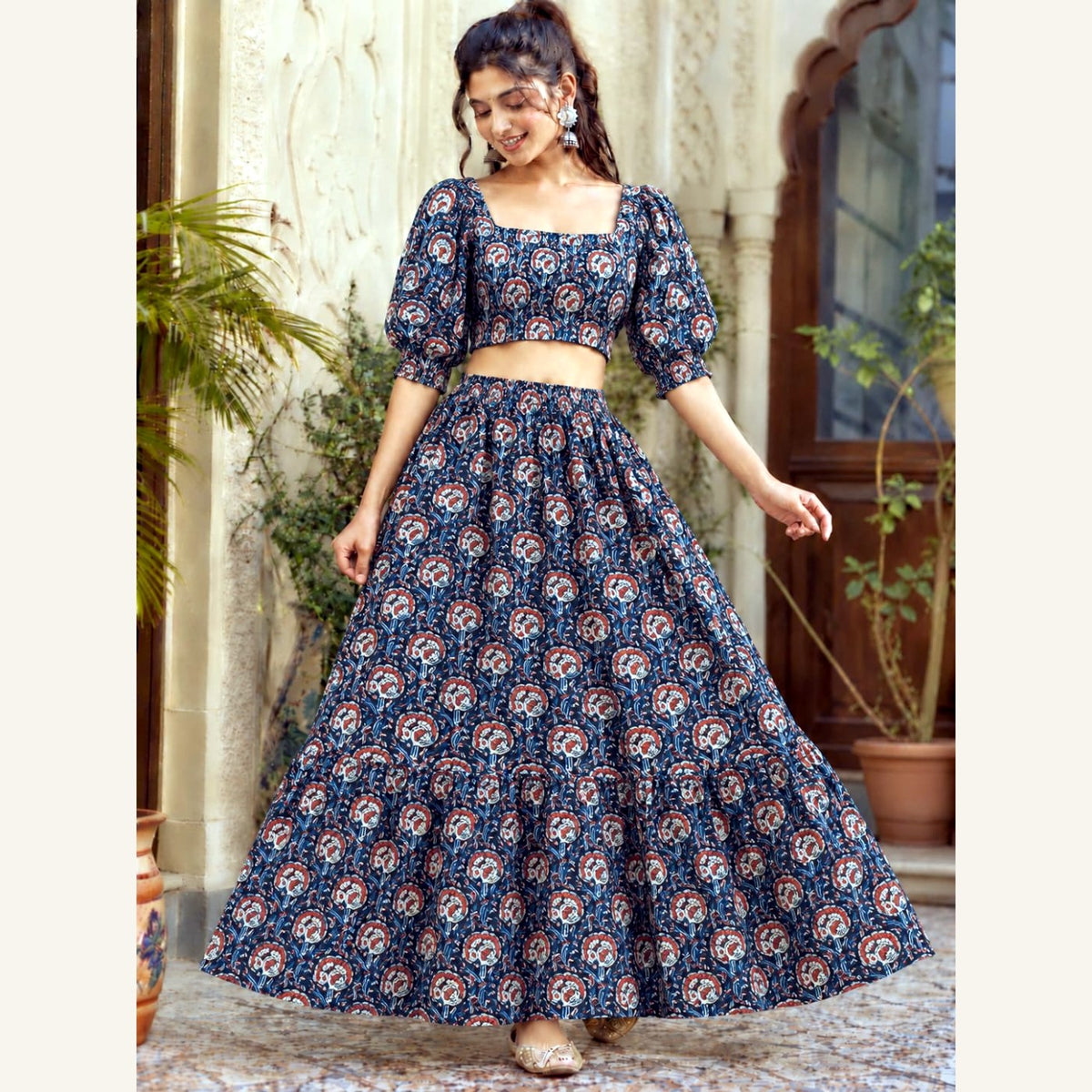 Bagru Handblock Cotton Crop Top Skirt Set - Teal Floral