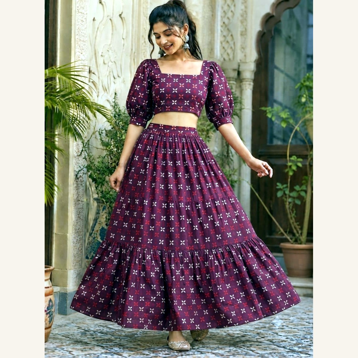 Bagru Handblock Cotton Crop Top Skirt Set - Wine Cross