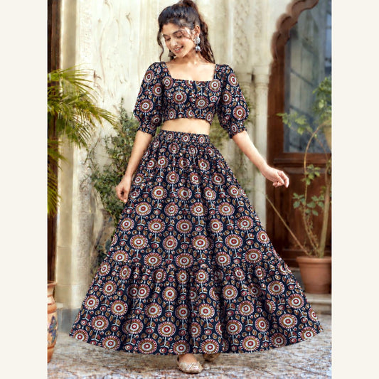 Bagru Handblock Cotton Crop Top Skirt Set - Black Medallion