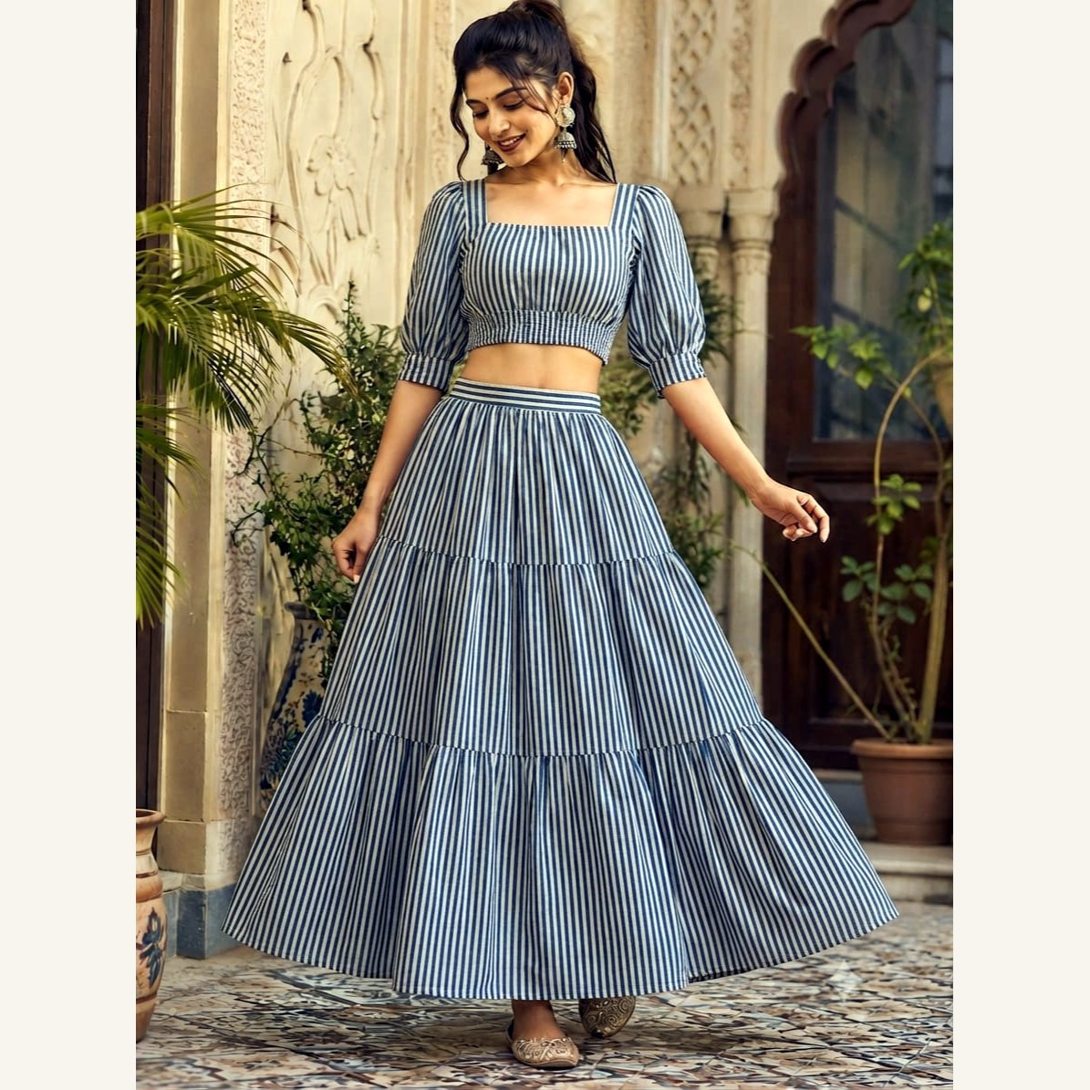 Bagru Handblock Cotton Crop Top Skirt Set - Grey Stripe