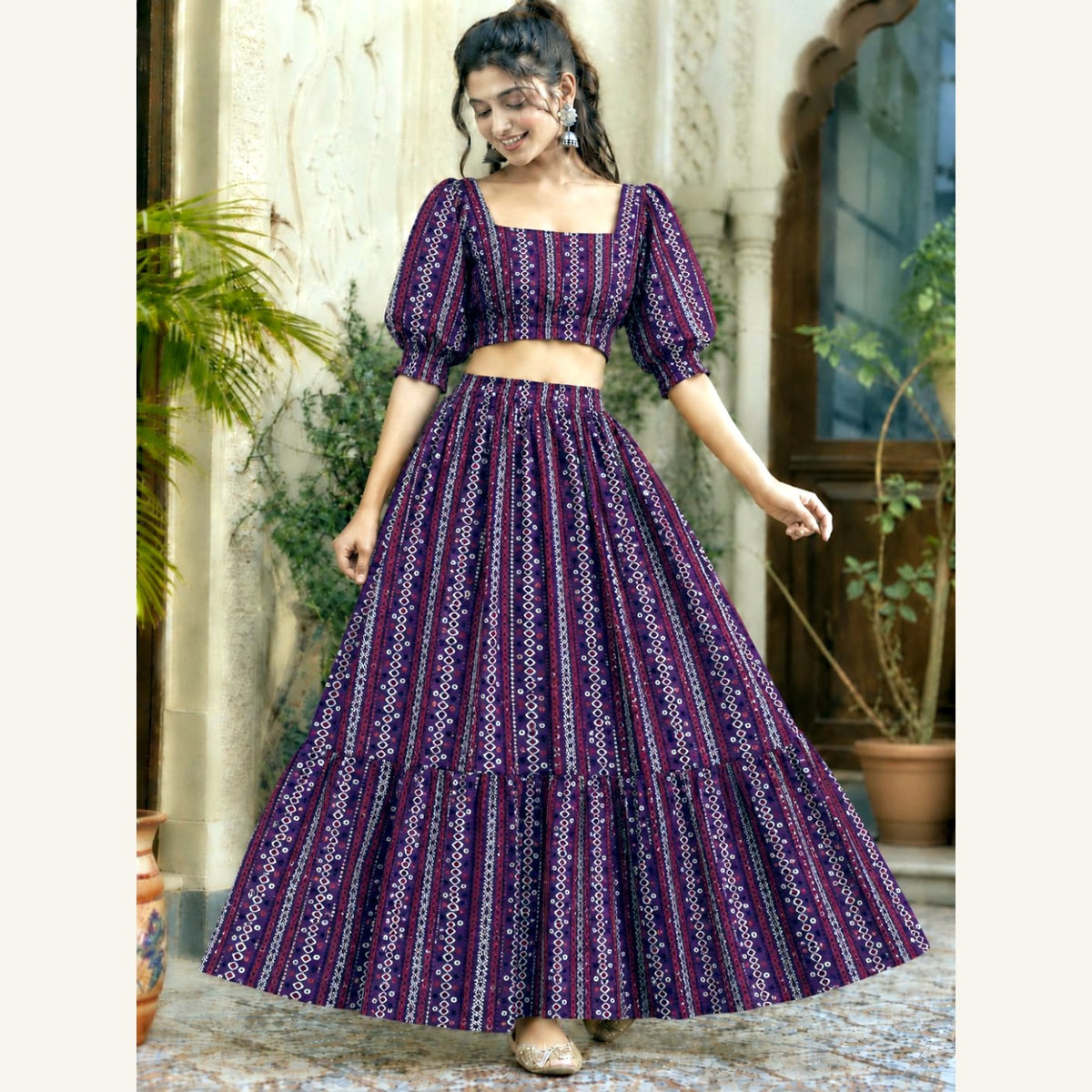 Bagru Handblock Cotton Crop Top Skirt Set - Plum Stripe