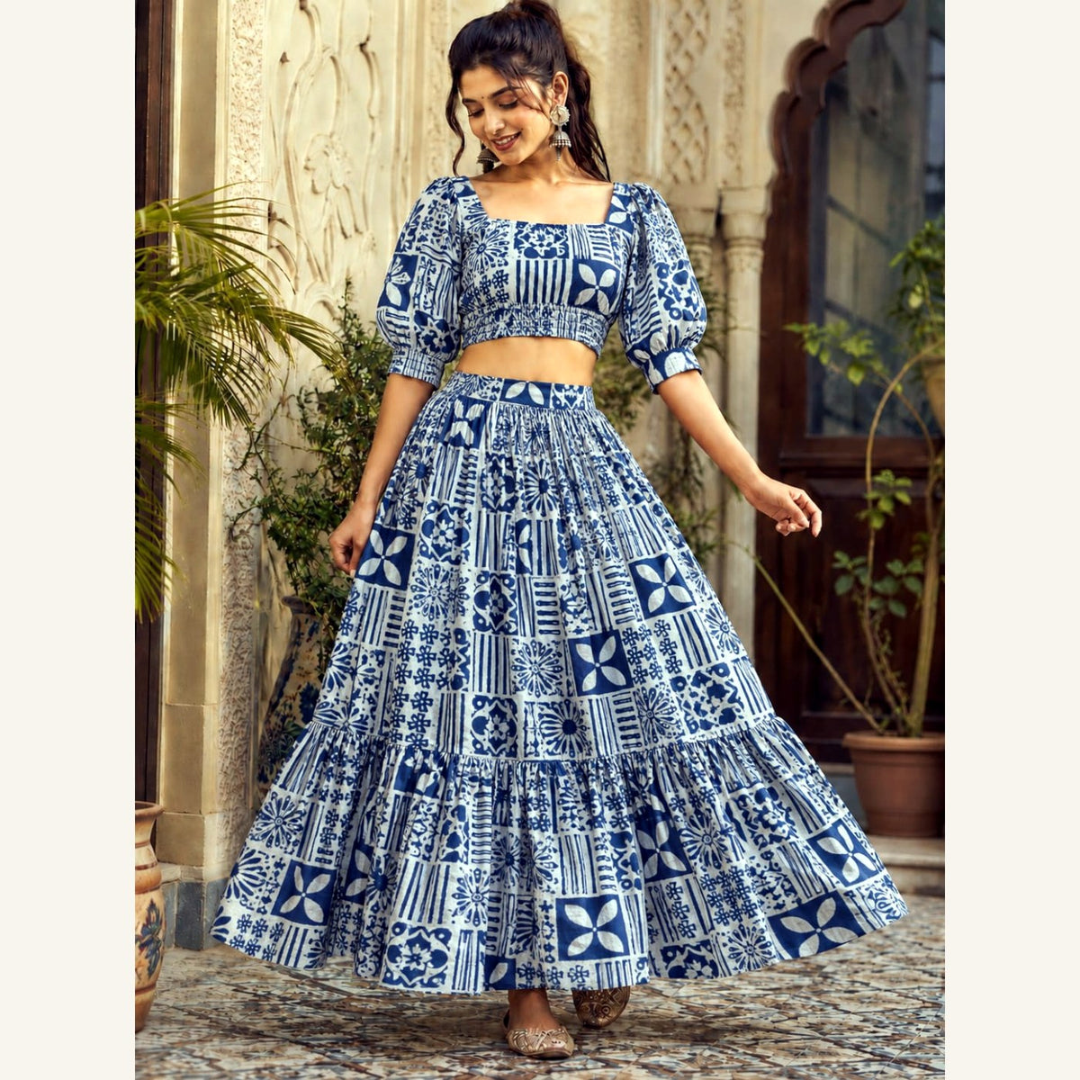 Bagru Handblock Cotton Crop Top Skirt Set - Blue Patchwork
