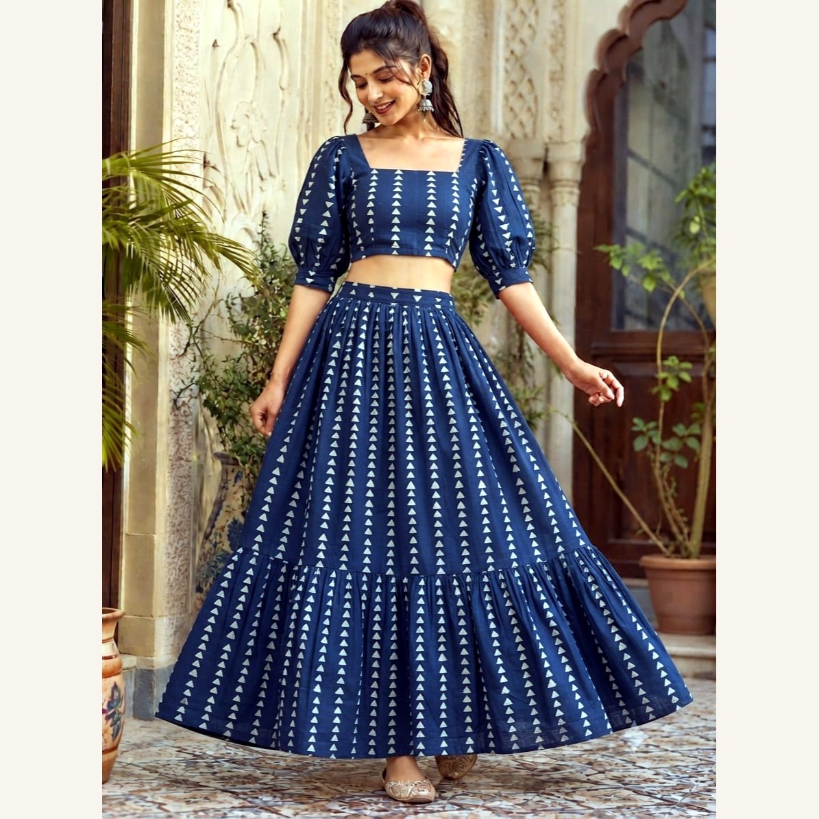 Bagru Handblock Cotton Crop Top Skirt Set - Navy Block Stripe