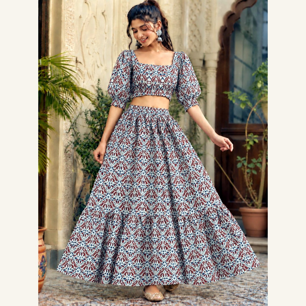 Bagru Handblock Cotton Crop Top Skirt Set - Beige Floral