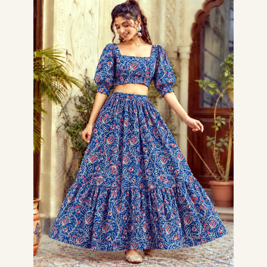 Bagru Handblock Cotton Crop Top Skirt Set - Blue Floral Jaal
