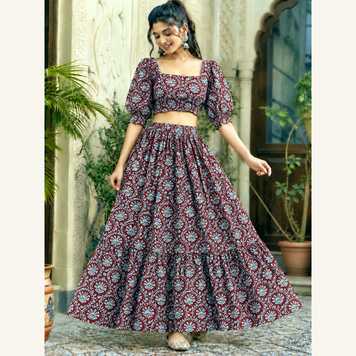 Bagru Handblock Cotton Crop Top Skirt Set - Red Maroon Floral