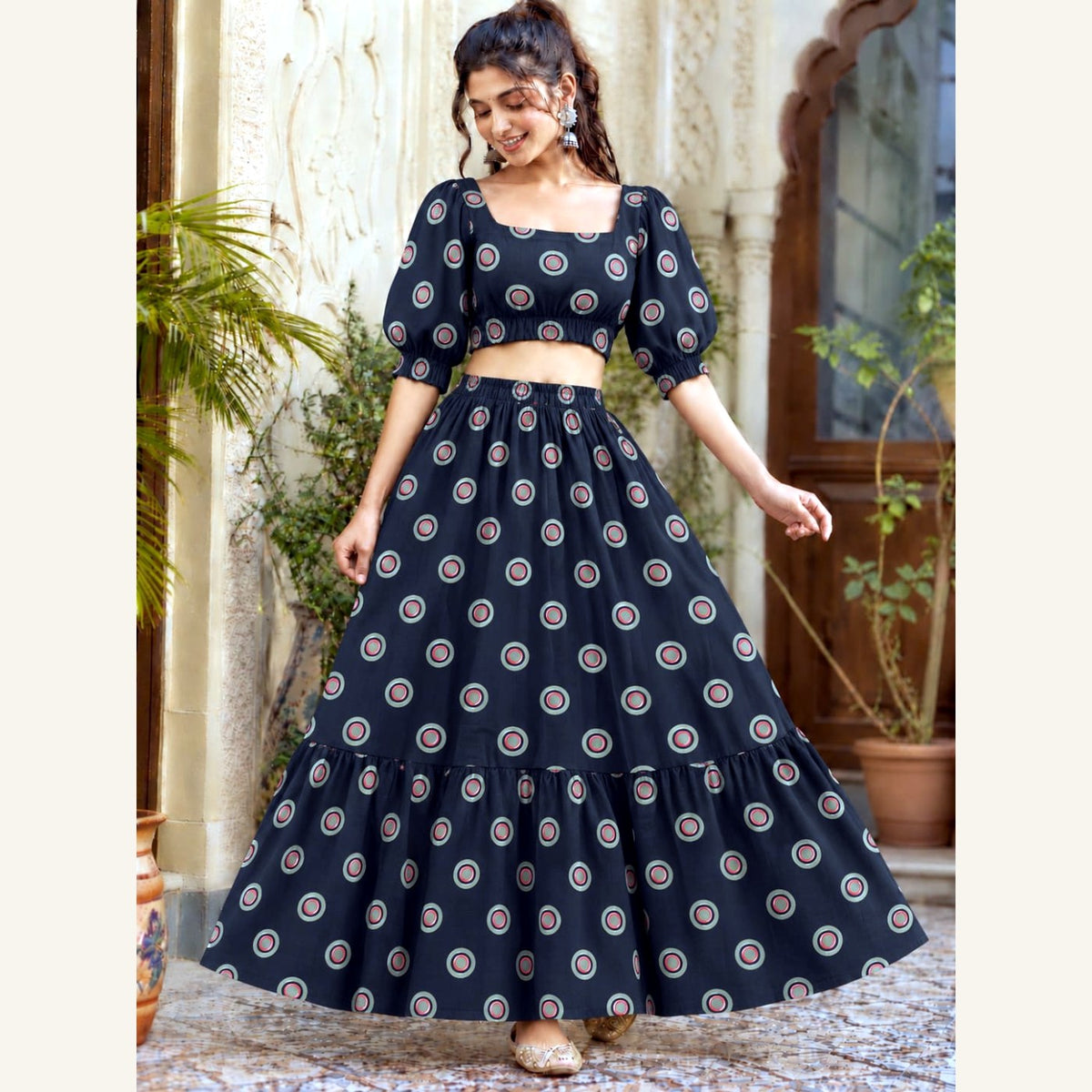 Bagru Handblock Cotton Crop Top Skirt Set - Black Round Motif