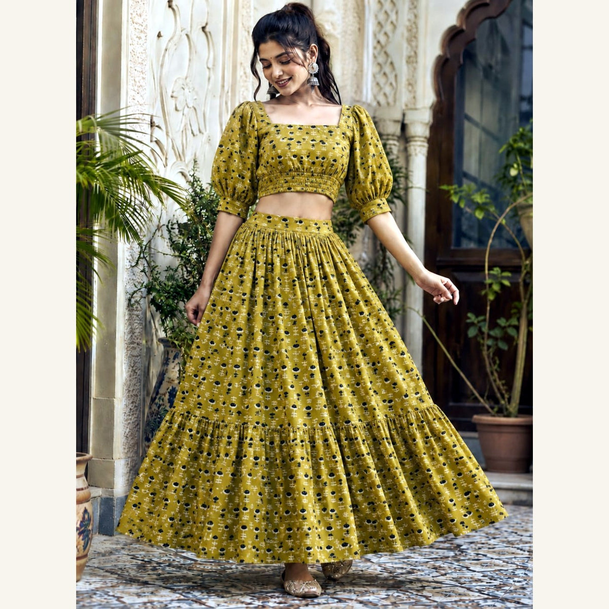 Bagru Handblock Cotton Crop Top Skirt Set - Mustard Polka