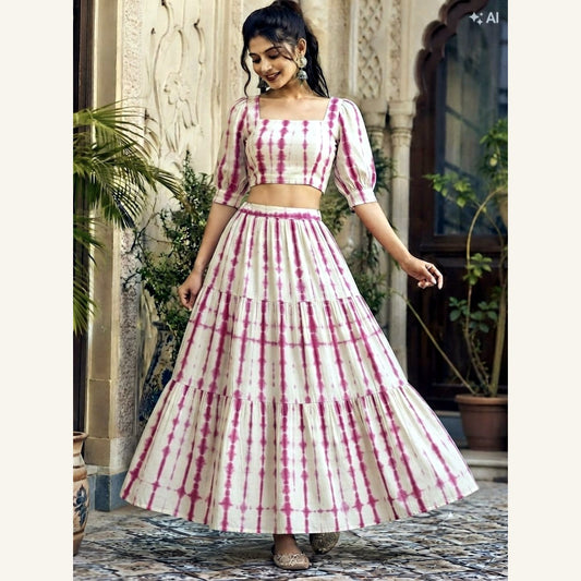 Bagru Handblock Cotton Crop Top Skirt Set - Cream Pink Stripe