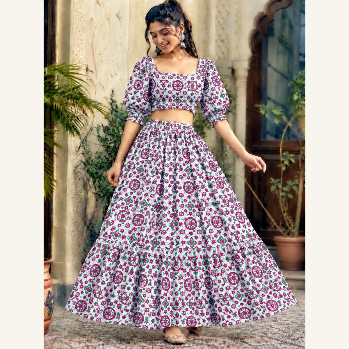Bagru Handblock Cotton Crop Top Skirt Set - White Pink Floral