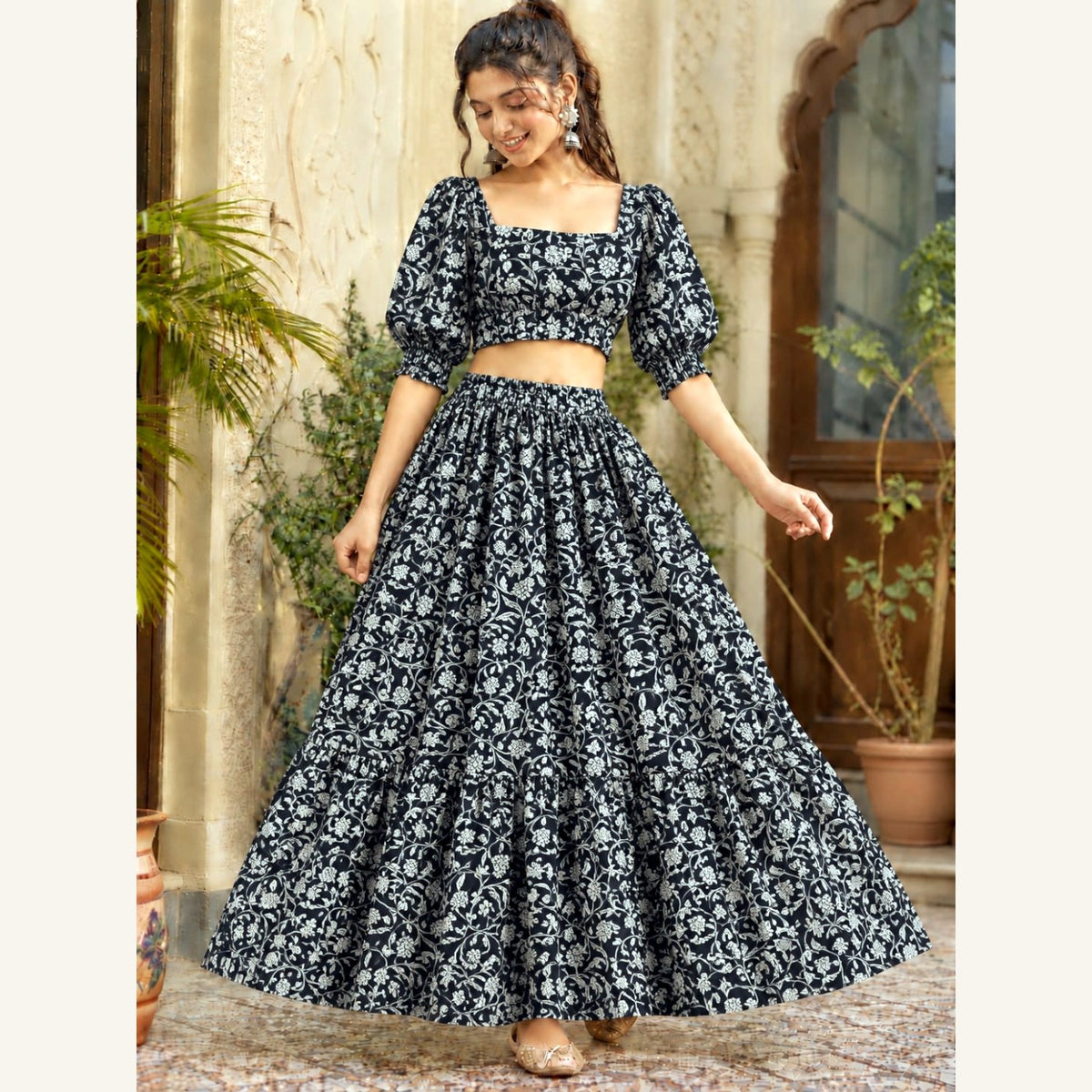 Bagru Handblock Cotton Crop Top Skirt Set - Black White Floral