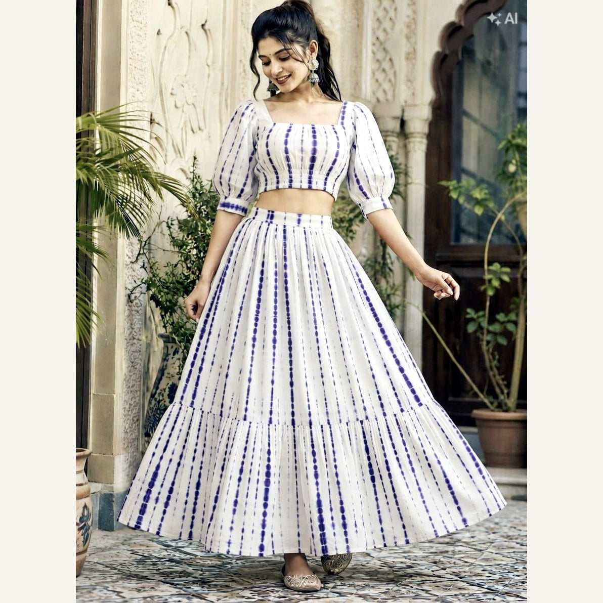 Bagru Handblock Cotton Crop Top Skirt Set - White Blue Stripe