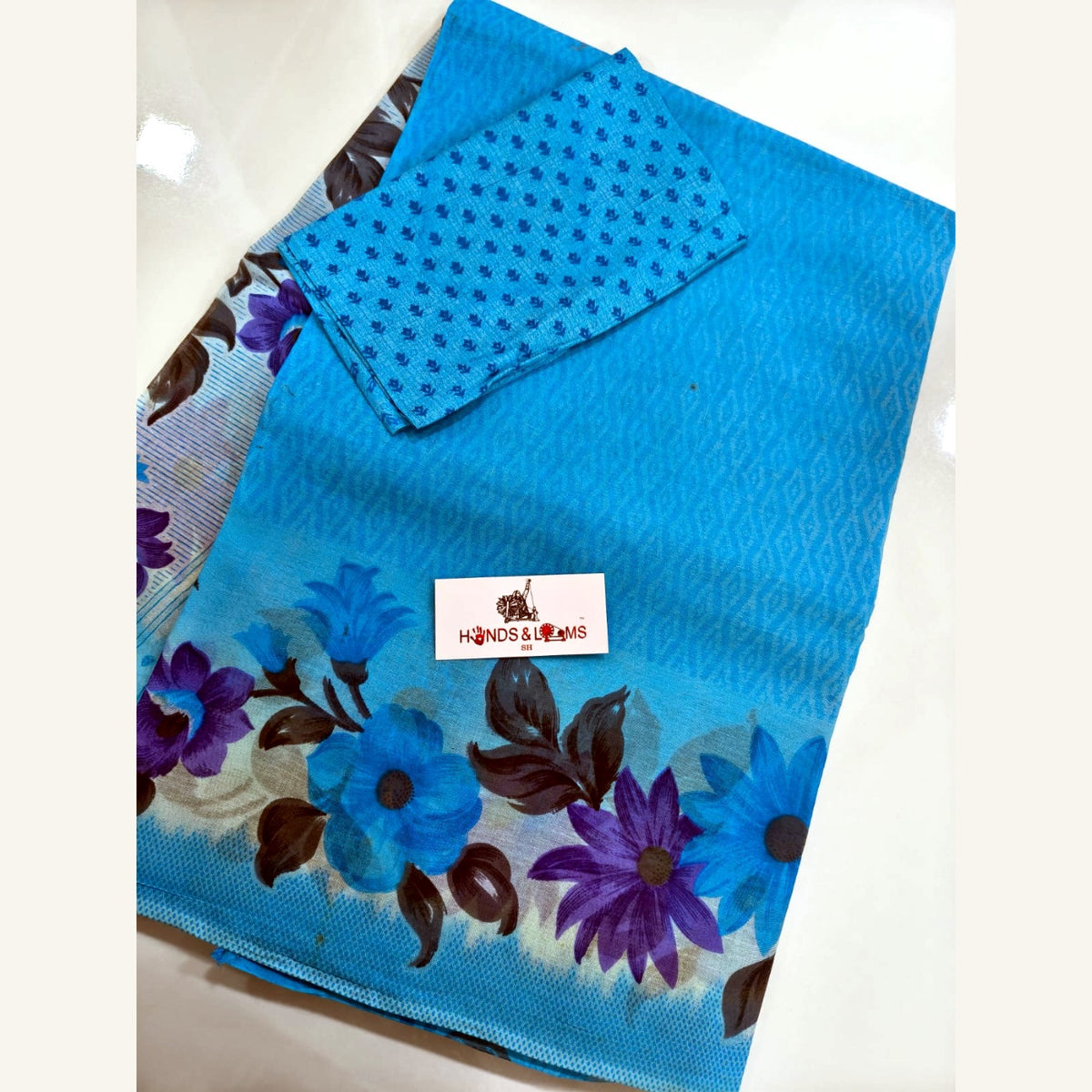 cotton sarees daily wear - Turquoise Floral Border