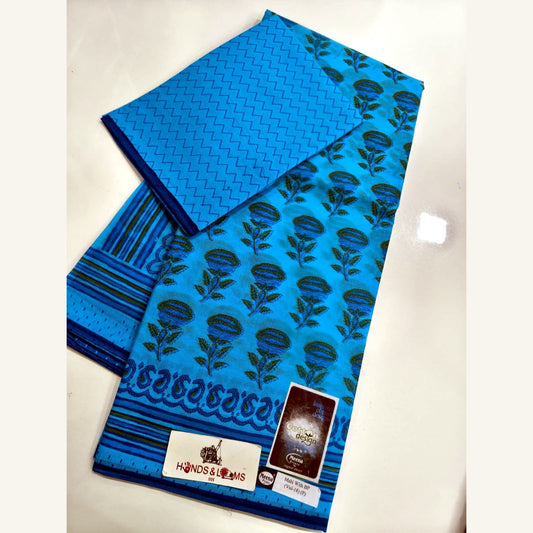 cotton sarees daily wear - Blue Floral Stripe