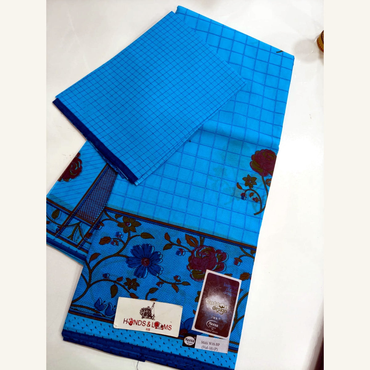 cotton sarees daily wear - Sky Blue Check Floral