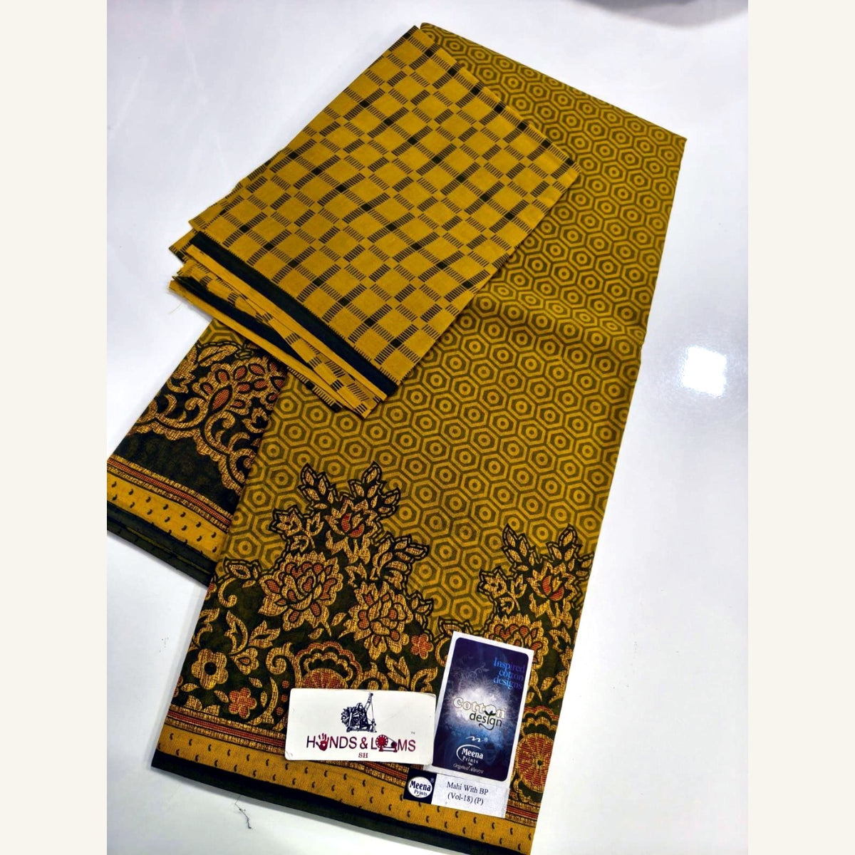 cotton sarees daily wear - Mustard & Olive Geometric