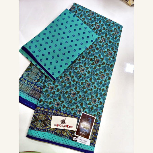 cotton sarees daily wear - Teal Green Floral