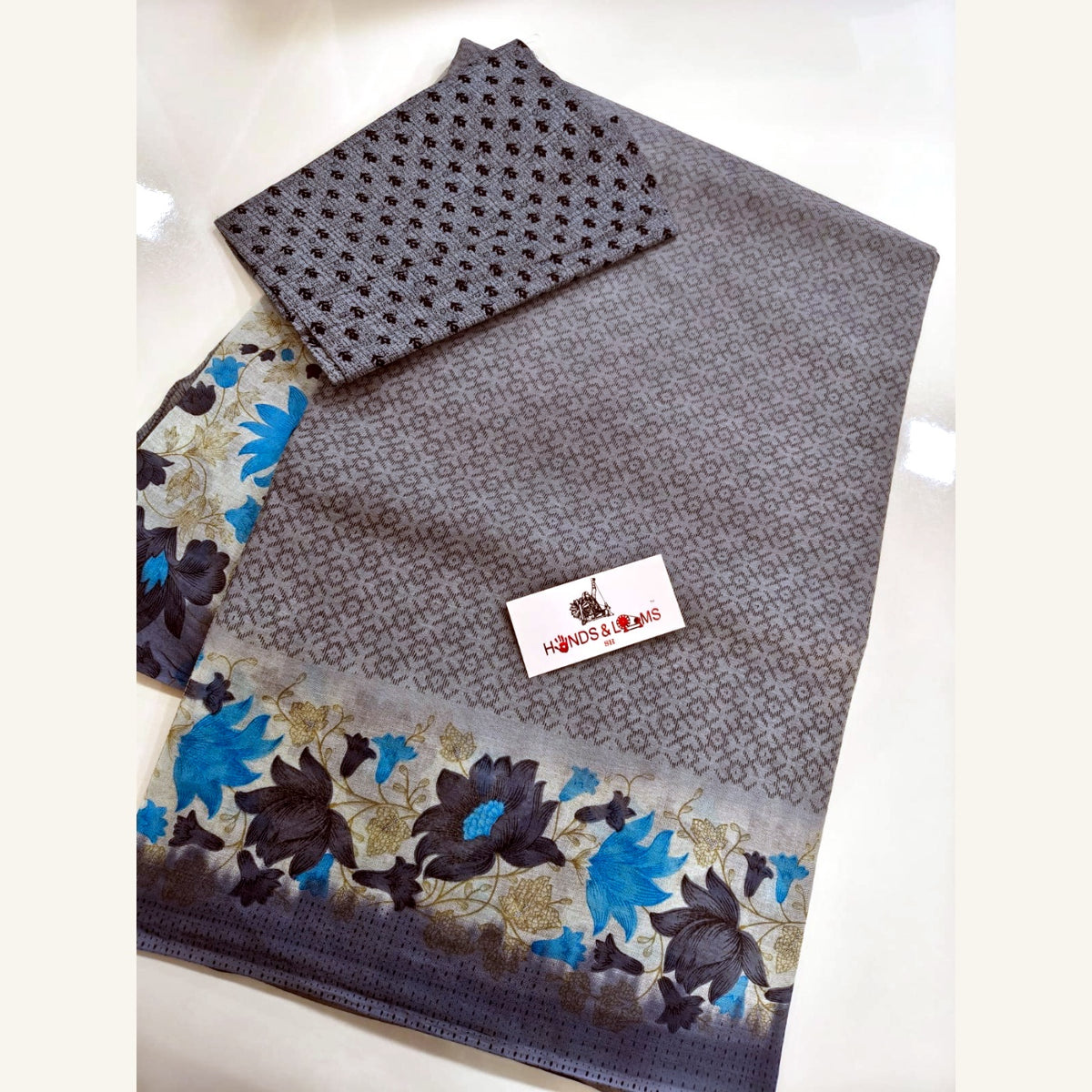 cotton sarees daily wear - Grey & Blue Floral Border