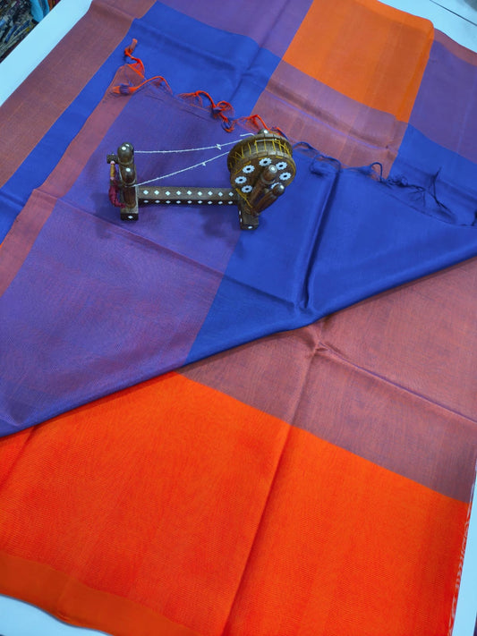 Mangalagiri handloom pattu saree - Orange & Royal Blue